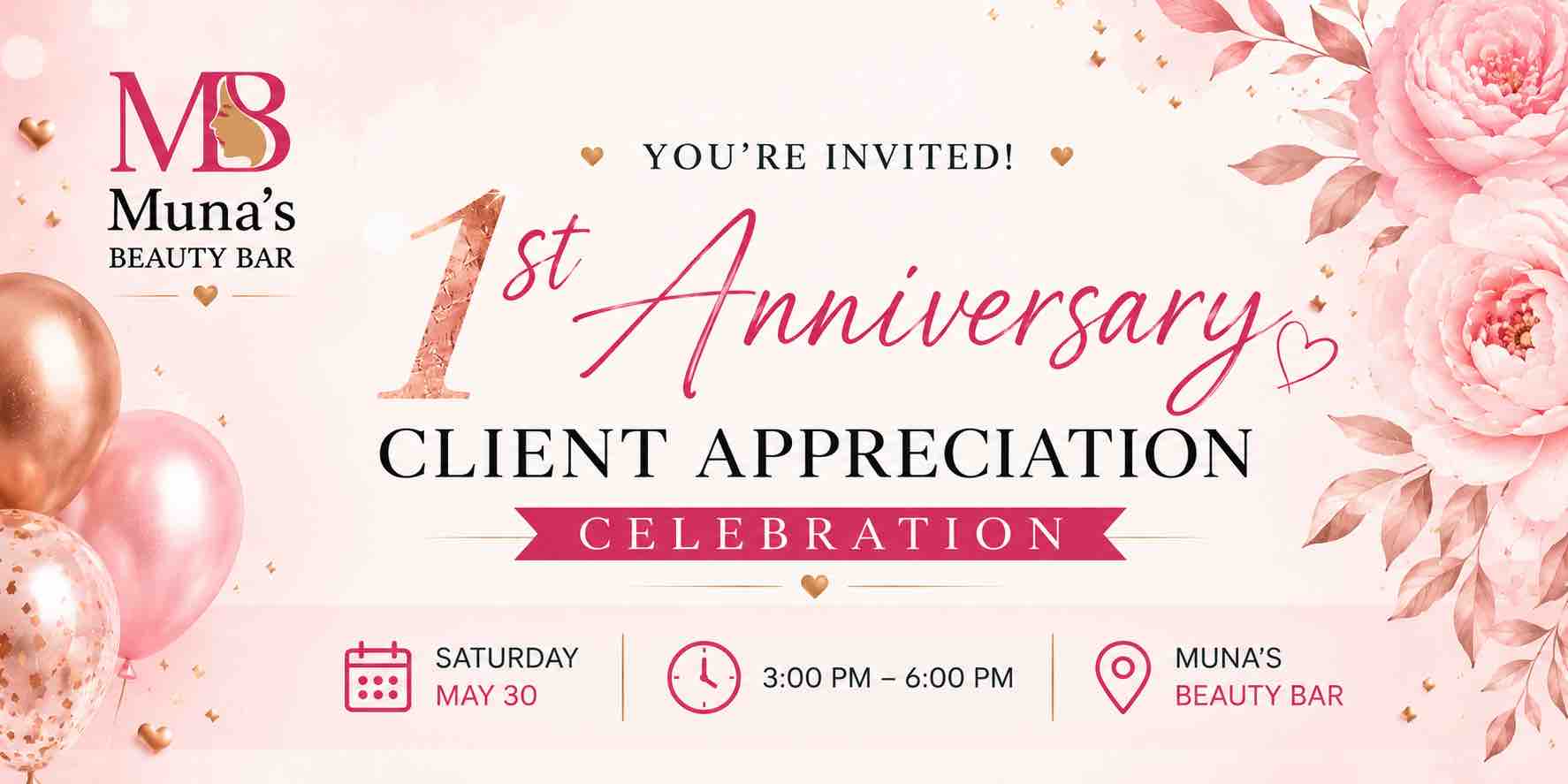 Muna's Beauty Bar 1st Anniversary celebration invitation