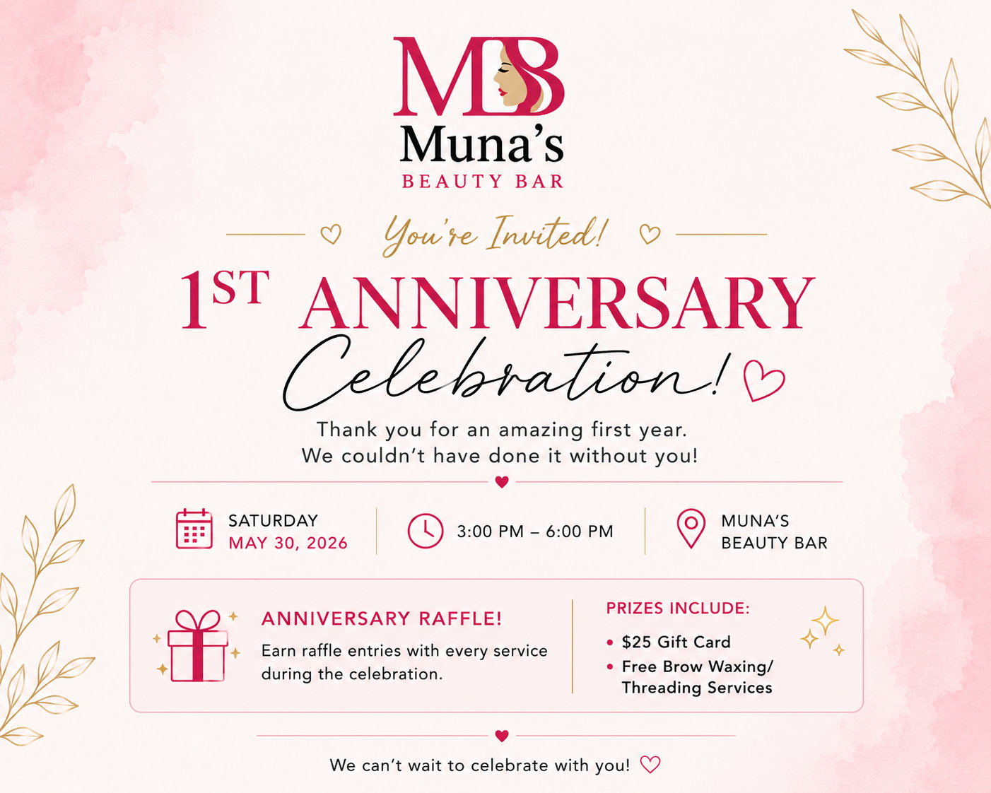 Muna's Beauty Bar 1st Anniversary Client Appreciation Celebration invitation